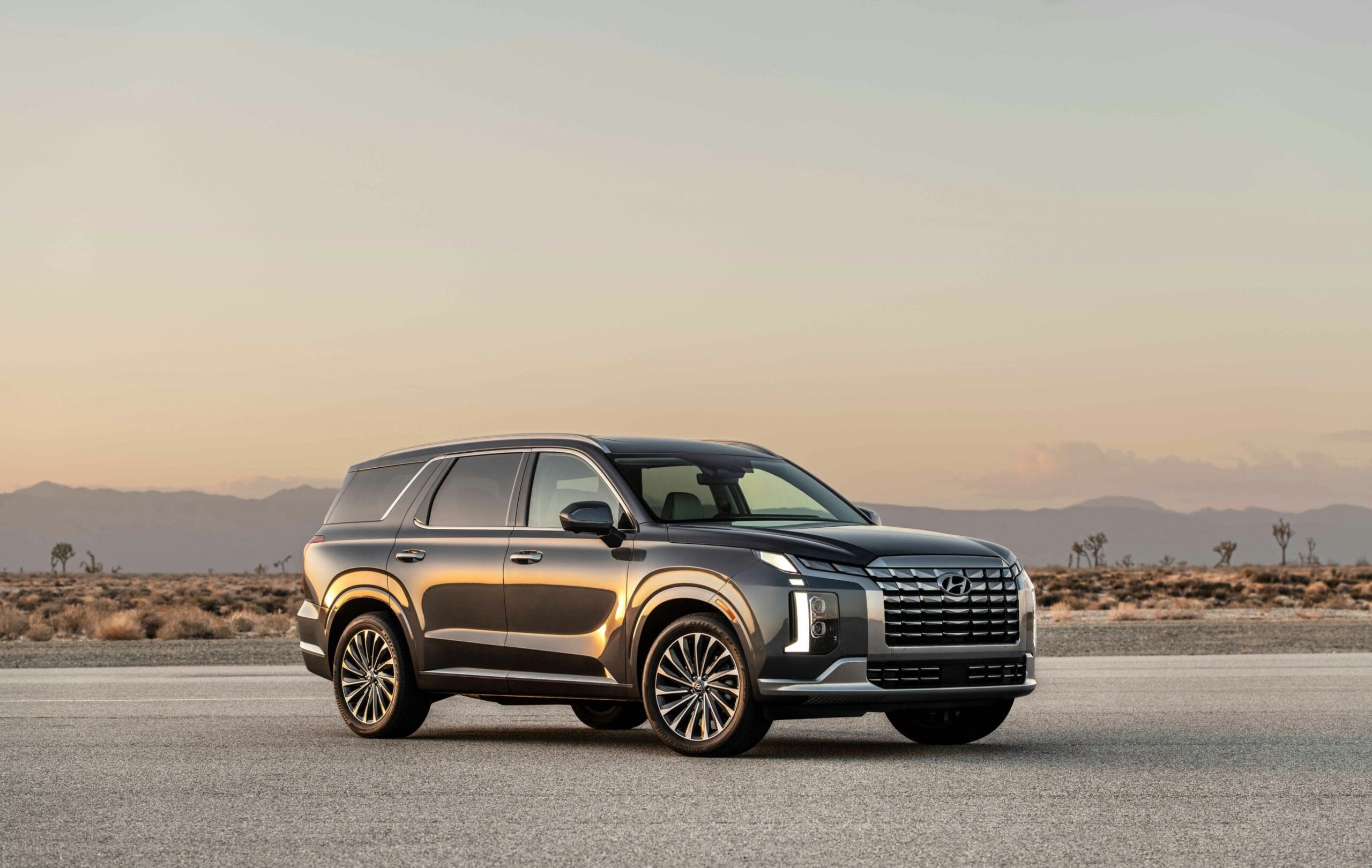 2022 Hyundai Palisade SUV parked in a desert landscape at sunset